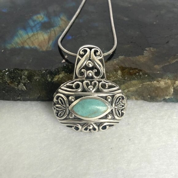 Sterling Silver 925 Chunky Bali Style Scrollwork Turquoise Pendant Necklace 18" - Picture 4 of 16
